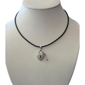 925 Sterling Silver Cz Heart/Key Pendant 16" Rope Cord Choker Necklace Italy